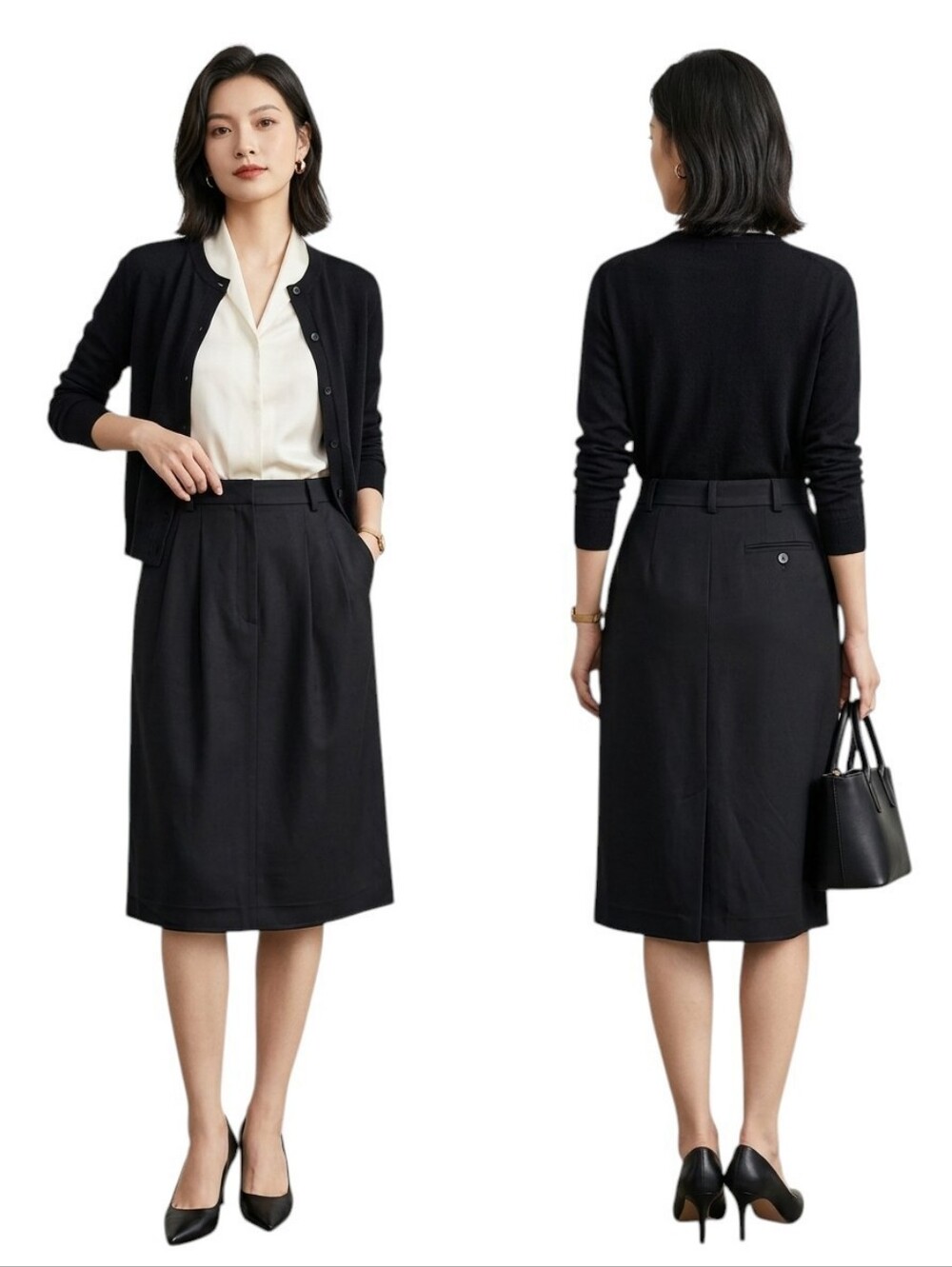 Max Mara Black Virgin Wool Pleated Midi Skirt Pockets Italian USA 12